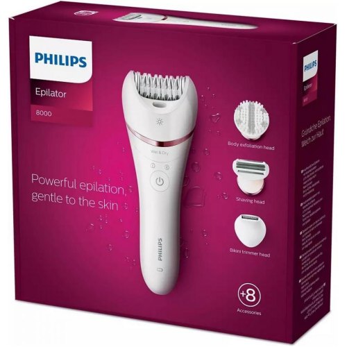 Епілятор дисковий Philips 8000 series, акумулятор, 32 пінцети, волога/суха епіляція, 7 насадок, футляр, білий (BRE735/00)