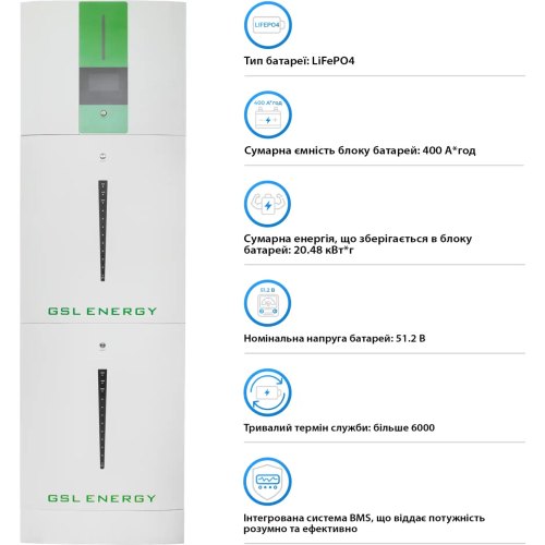 Система зберігання енергії GSL Energy HESS, 5.5kW, 400Ah, 20.48kWh, LiFePO4, 1xMPPT, 220V, однофазний (HESS5.5kW20kWh)
