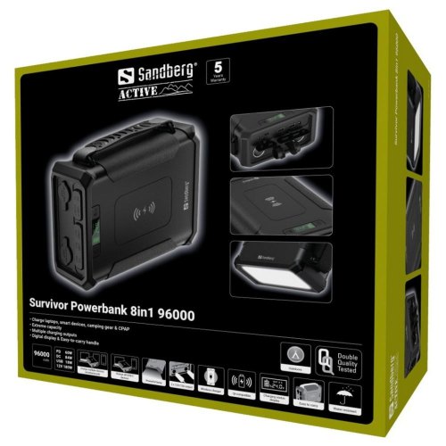 Зовнішній акумулятор PowerBank Sandberg Survivor, 96000mAh, DC 84W, PD, USB-C 60W, Cigar Lighter 180W, 2xUSB-A 18W, Wireless, LiFePo4 (420-78)