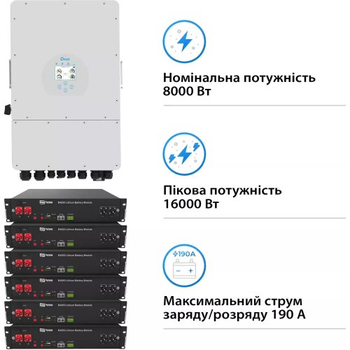 Система зберігання енергії DEYE, 8kW, 14.4kWh, 6 Batteries, LiFePO4, 6000 циклів (SUN-8K-SG01LP1-EU-6DY14.4K-LFP)