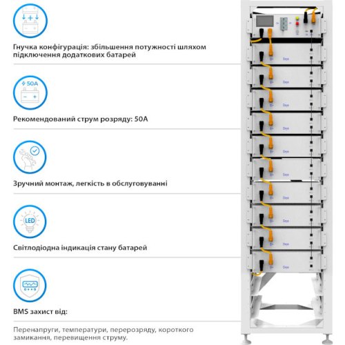 Система зберігання енергії Deye BOS-G10, 51.2kW, 512V, 100Ah, LiFePO4, HVB750V, RACK (BOS-G10-51.2kW)