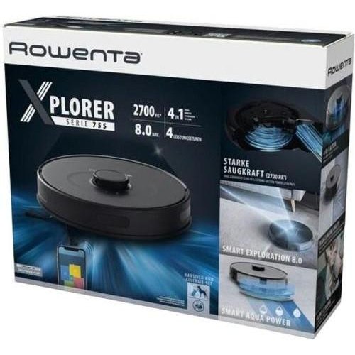 Робот-пилосос Rowenta X-Plorer Serie 75 S, 9.5см, вологе прибирання, контейнер для пилу 0.4л, для води 0.3л, робота до 120хв, НЕРА, чорний (RR8575WH)