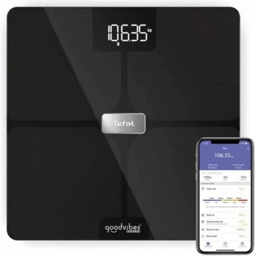 Ваги підлогові Tefal Body Fat Goodvibes Health, 180кг, 1х Li-ion, скло, чорні (BM9670S1)