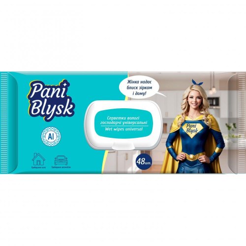 Серветки для прибирання Pani Blysk, вологі, універсальні, з клапаном, 48шт (4823071661132)