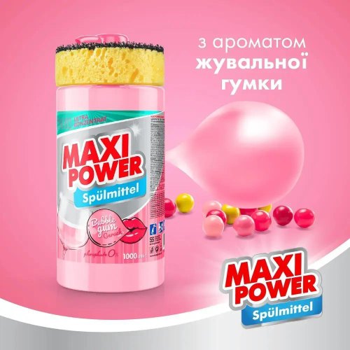 Засіб для ручного миття посуду Maxi Power, з ароматом Бабл Гам, 1000мл (4823098408505)