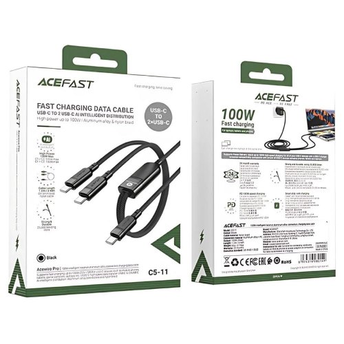 Кабель Acefast C5-11, USB 2.0, USB-C, 2в1, 0.8м + sub 0.4м, 100W (6974316280149)