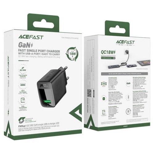 Мережевий зарядний пристрій Acefast A90, USB-A, 18W, з кабелем USB Type-C, швидка зарядка, чорний (6974316280064)
