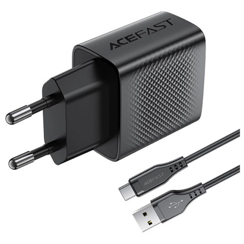 Мережевий зарядний пристрій Acefast A90, USB-A, 18W, з кабелем USB Type-C, швидка зарядка, чорний (6974316280064)