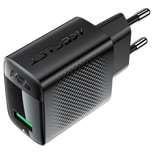 Мережевий зарядний пристрій Acefast A90, USB-A, 18W, з кабелем USB Type-C, швидка зарядка, чорний (6974316280064)