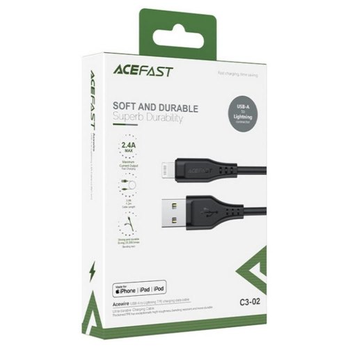 Кабель Acefast C3-02, USB 2.0, USB-A to Lighting, 1.2м, 2.4A, TPE, чорний (6974316280828)