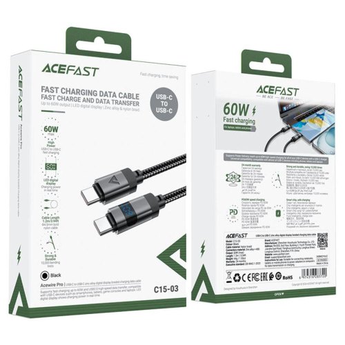 Кабель Acefast C15-03, USB 2.0, USB-C to USB-C, 1.2м, 60W, 3.0A, цифровий дисплей, чорний (6974316283720)
