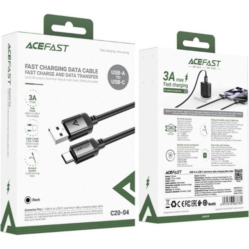 Кабель Acefast C20-04, USB-A M to Type-C M, USB 2.0, 1.2м, 3.0A, чорний (6974316283782)