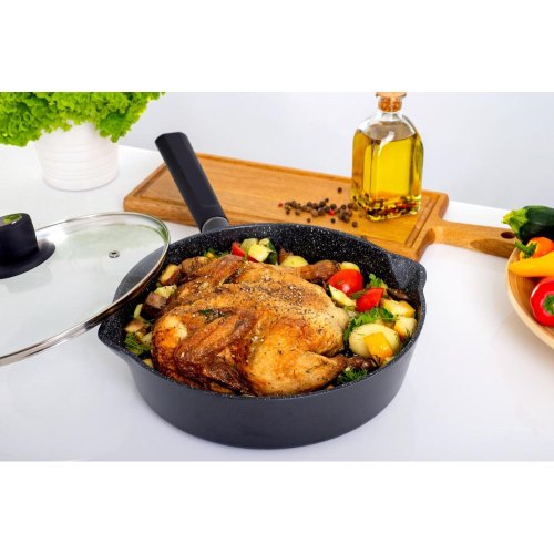 Сковорода глибока Ringel Caesar, зі зливом, 26см, кований алюміній, бакелітова ручка, кришка з жаростійкого скла (RG-1136-26)