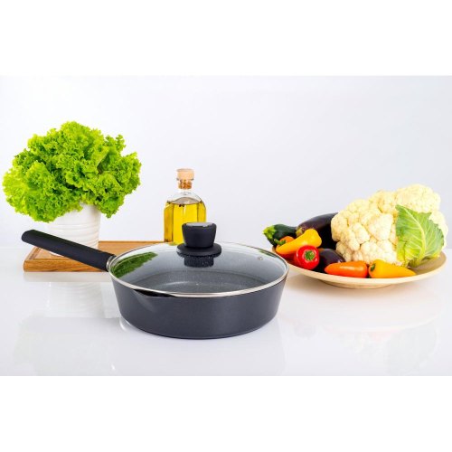 Сковорода глибока Ringel Caesar, зі зливом, 26см, кований алюміній, бакелітова ручка, кришка з жаростійкого скла (RG-1136-26)