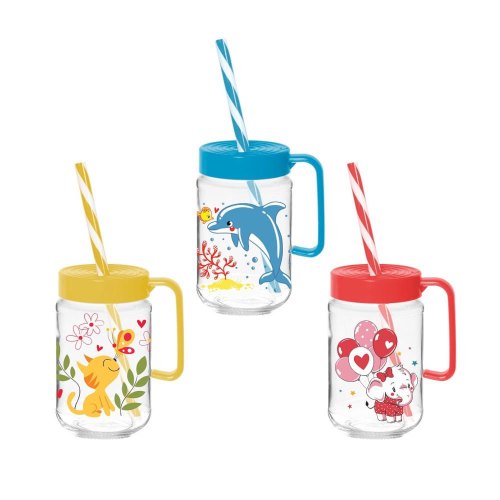 Чашка Herevin Decorated Mug - Mix DCE, з трубочкою, 370мл, скло, пластикова кришка (111761-302)