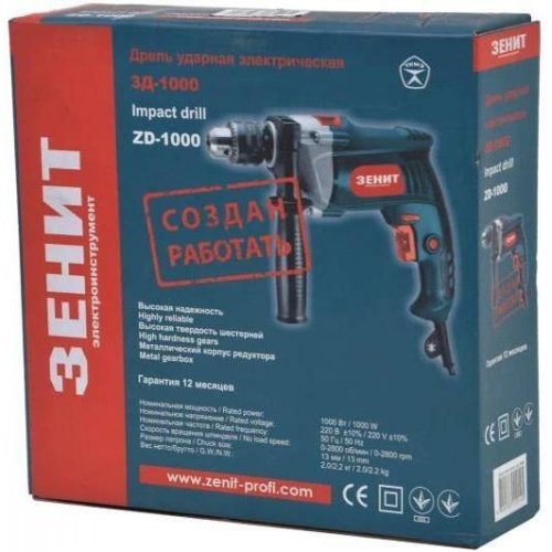 Дриль ударний Зенит ЗД-1000, 1000Вт, зубчастий патрон 13мм, 2800об/хв (840537)