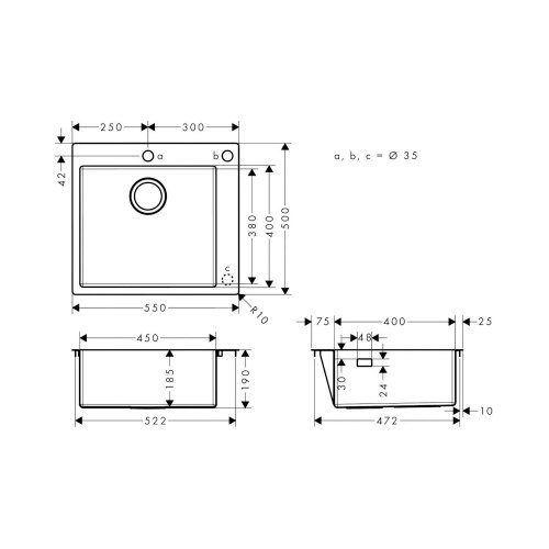 Мийка кухонна Hansgrohe S51 S510-F450, накладна, квадратна, одна чаша, без крила, граніт, сіра (43312380)
