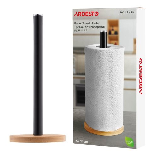 Тримач для паперових рушників Ardesto Midori, метал/бамбук, чорний (AR0913BB)