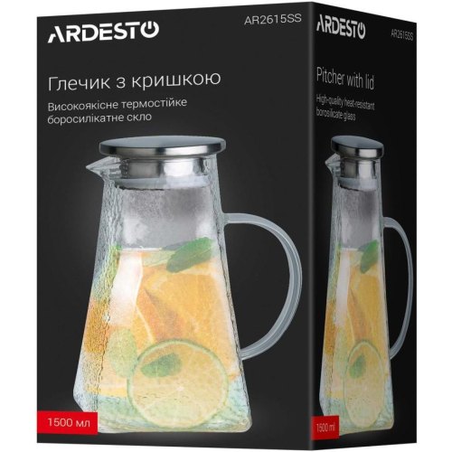 Глечик Ardesto, 1500мл, з кришкою, боросилікатне скло/нержавіюча сталь, прозорий (AR2615SS)