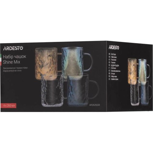 Набір чашок Ardesto Shine mix, 260мл, 4шт, боросилікатне скло, прозорий/золотистий/сірий/перламутровий (AR2626GM)