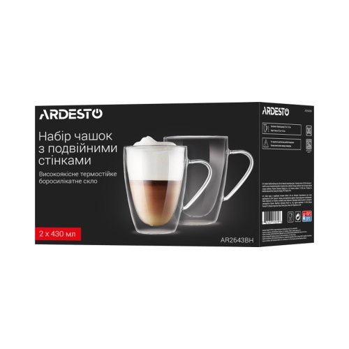 Набір чашок Ardesto, 430мл, 2шт, з ручками, подвійні стінки, боросилікатне скло, прозорий (AR2643BH)