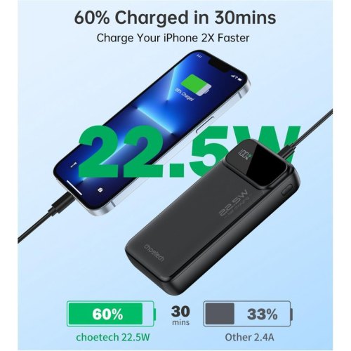 Зовнішній акумулятор Powerbank Choetech B729, 20000mAh, PD 22.5W, чорний (B729-BK)
