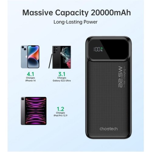 Зовнішній акумулятор Powerbank Choetech B729, 20000mAh, PD 22.5W, чорний (B729-BK)