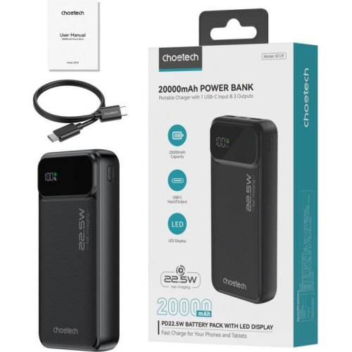 Зовнішній акумулятор Powerbank Choetech B729, 20000mAh, PD 22.5W, чорний (B729-BK)