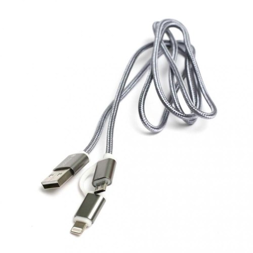 Кабель PowerPlant, 2в1, USB 2.0 Type-A(M) - Lightning/Micro USB, Quick Charge, 2A, 1м, сірий (KD00AS1289)