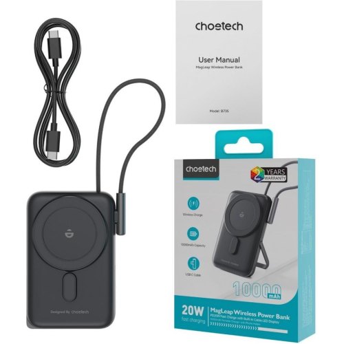 Зовнішній акумулятор Powerbank Choetech Magnetic Wireless, 10000mAh, 20W PD, USB-C In/Out, Qi 15W, build-in cabel, Black (B735-CCBK)