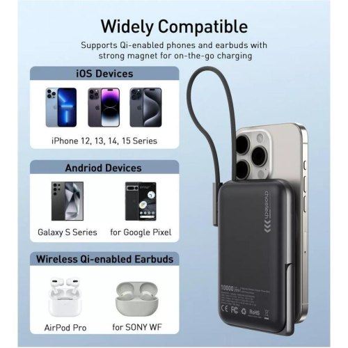 Зовнішній акумулятор Powerbank Choetech Magnetic Wireless, 10000mAh, 20W PD, USB-C In/Out, Qi 15W, build-in cabel, Black (B735-CCBK)