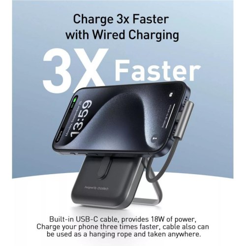 Зовнішній акумулятор Powerbank Choetech Magnetic Wireless, 10000mAh, 20W PD, USB-C In/Out, Qi 15W, build-in cabel, Black (B735-CCBK)