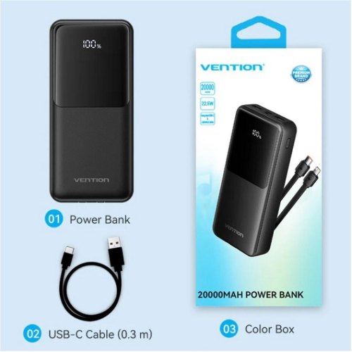 Зовнішній акумулятор Powerbank Vention, 20000mAh, 22.5W/3A PD, MicroUSB, USB-C, 2xUSB-A, Built-in USB-C+Lightning Cables, Black (FHPB0)