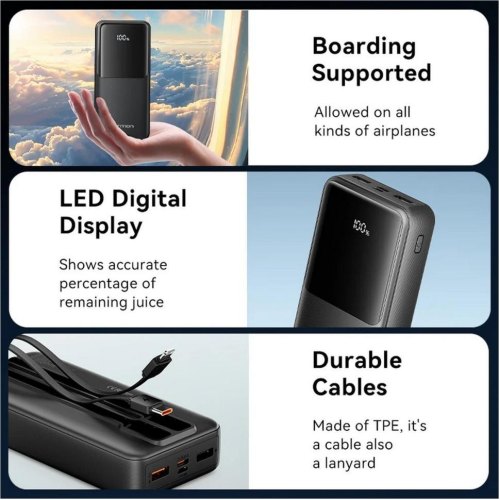 Зовнішній акумулятор Powerbank Vention, 20000mAh, 22.5W/3A PD, MicroUSB, USB-C, 2xUSB-A, Built-in USB-C+Lightning Cables, Black (FHPB0)