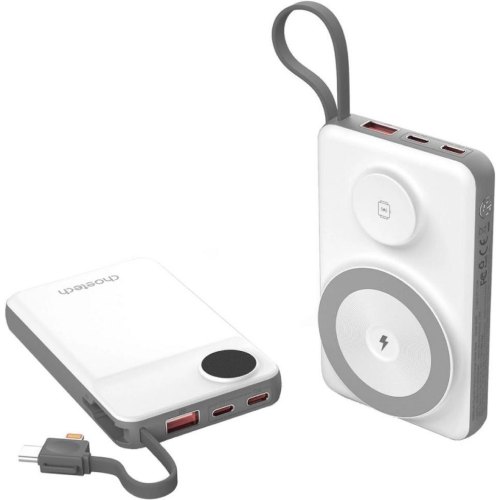 Зовнішній акумулятор Powerbank Choetech Magnetic Wireless, 10000mAh, 15W PD, QC 3.0, USB-A+2xUSB-C, with build-in cable, White (B695-GW)