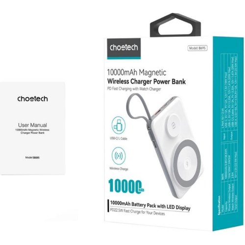 Зовнішній акумулятор Powerbank Choetech Magnetic Wireless, 10000mAh, 15W PD, QC 3.0, USB-A+2xUSB-C, with build-in cable, White (B695-GW)