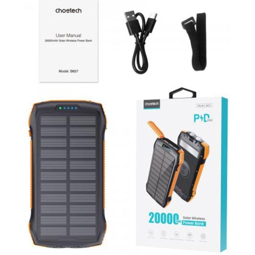 Зовнішній акумулятор Powerbank Choetech Wireless, 20000mAh, 20W PD, QC 3.0, 3xUSB-A, сонячна панель, Qi 5W, Black/Orange (B657-OR)