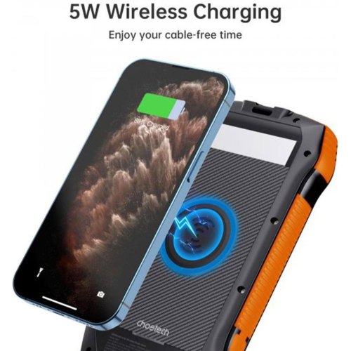 Зовнішній акумулятор Powerbank Choetech Wireless, 20000mAh, 20W PD, QC 3.0, 3xUSB-A, сонячна панель, Qi 5W, Black/Orange (B657-OR)