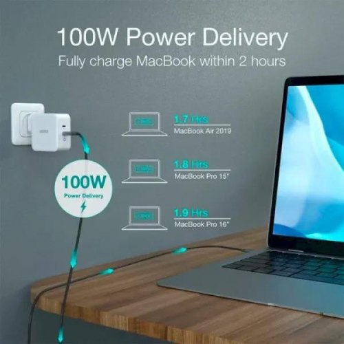 Мережевий зарядний пристрій Choetech, 2xUSB Type-C 100W, PD, GaN (PD6008)