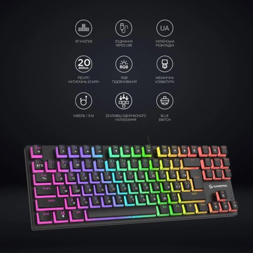 Клавіатура дротова GamePro MK80B, Blue Switch, RGB, USB, Black