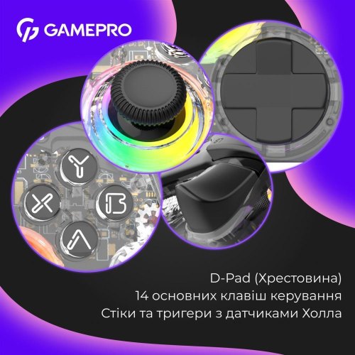 Геймпад GamePro GPX13T, 2.4G/Bluetooth 5.1/USB, PC/iOS/Android, RGB, Transparent