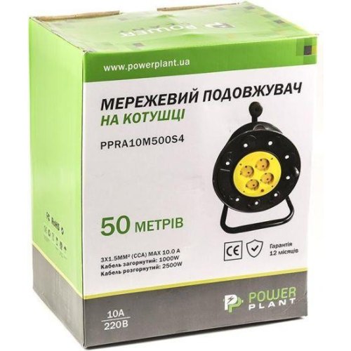 Мережевий подовжувач PowerPlant JY-2002/50, на котушці, 50м, 3x1.5мм2, 10А, 4 розетки (PPRA10M500S4)
