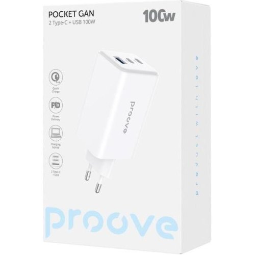 Мережевий зарядний пристрій Proove Pocket GaN Max 100W (2Type-C + USB) (white)