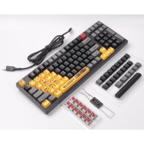 Клавіатура дротова, механічна A4Tech Bloody S98, червоні світчі, RGB підсвічування клавіш, USB, чорно-жовта
