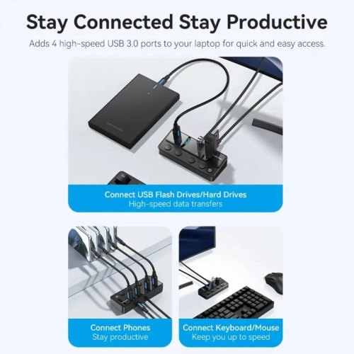 USB-хаб Vention, USB 3.0 to 4xUSB 3.0/USB Type-C Hub, з вимикачами на кожен порт, 1м, чорний (CHWBF)