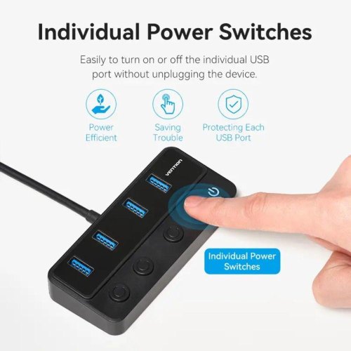 USB-хаб Vention, USB 3.0 to 4xUSB 3.0/USB Type-C Hub, з вимикачами на кожен порт, 1м, чорний (CHWBF)