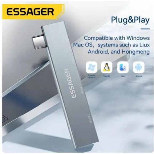 USB-хаб Essager Fengyang 3 in 1 Splitter, opp bag, Silver (EHBC03-FY10-P)