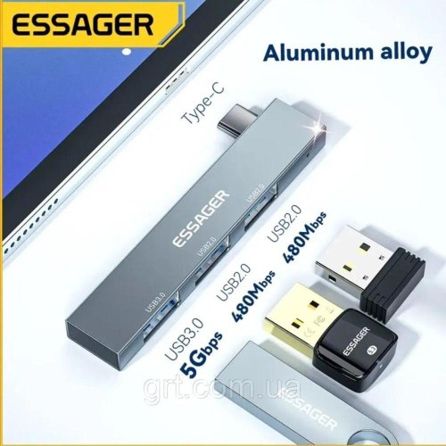USB-хаб Essager Fengyang 3 in 1 Splitter, opp bag, Silver (EHBC03-FY10-P)