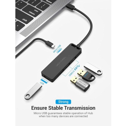 USB-хаб Vention Type-C to 4-Port USB 3.0 Hub with Power Supply, 0.5м, ABS Type, Black (TGKBD)