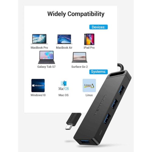 USB-хаб Vention Type-C to 4-Port USB 3.0 Hub with Power Supply, 0.5м, ABS Type, Black (TGKBD)